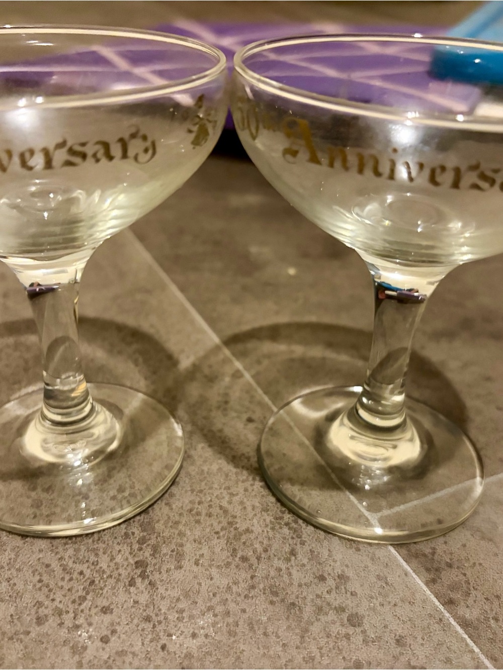 Anniversary Gold Lettering Coupe Glasses - Clear Glass Pair